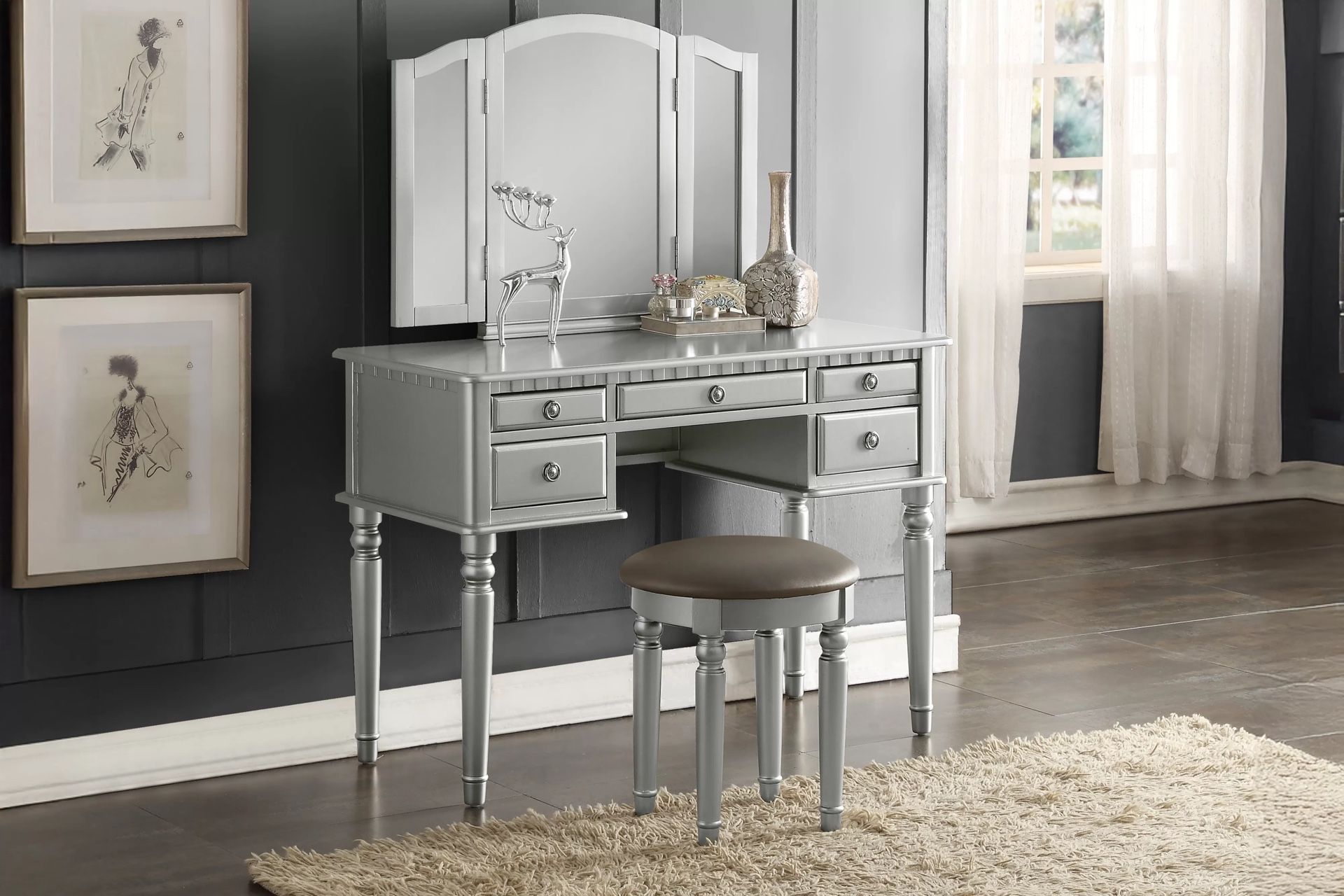 SILVER OR BLACK VANITY WITH STOOL.