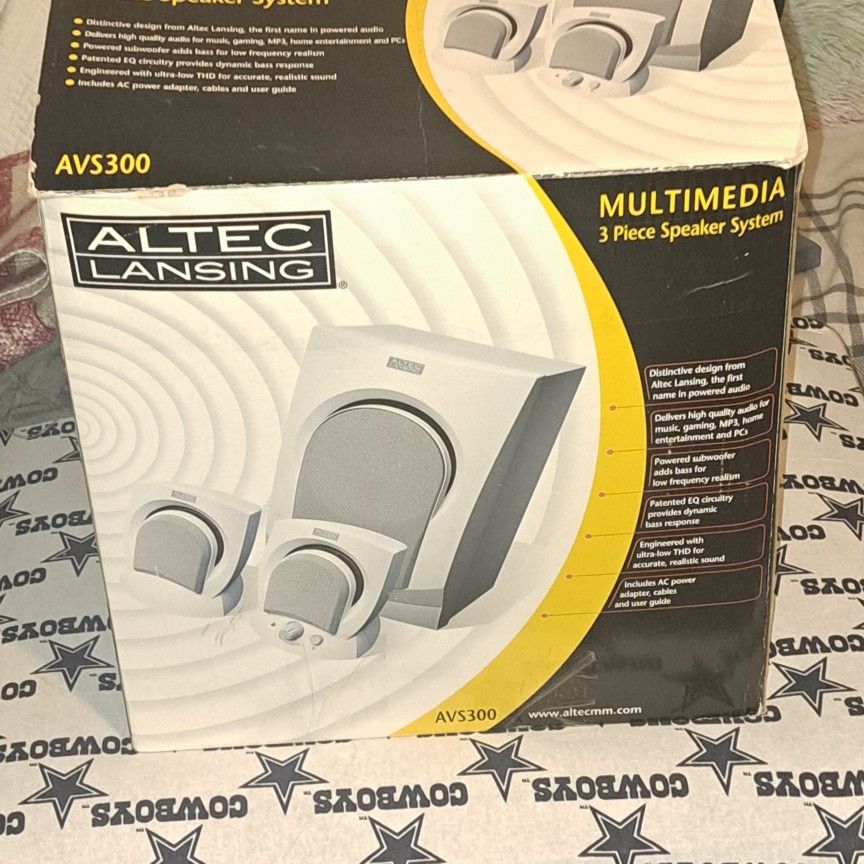 Alter Lansing Multimedia 3-Piece Speaker System. This system is designed for use with computers and other multimedia devices, offering a subwoofer for