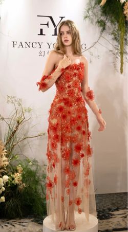 Red Floral Organza Maxi Dress – Adjustable Lace-Up Back