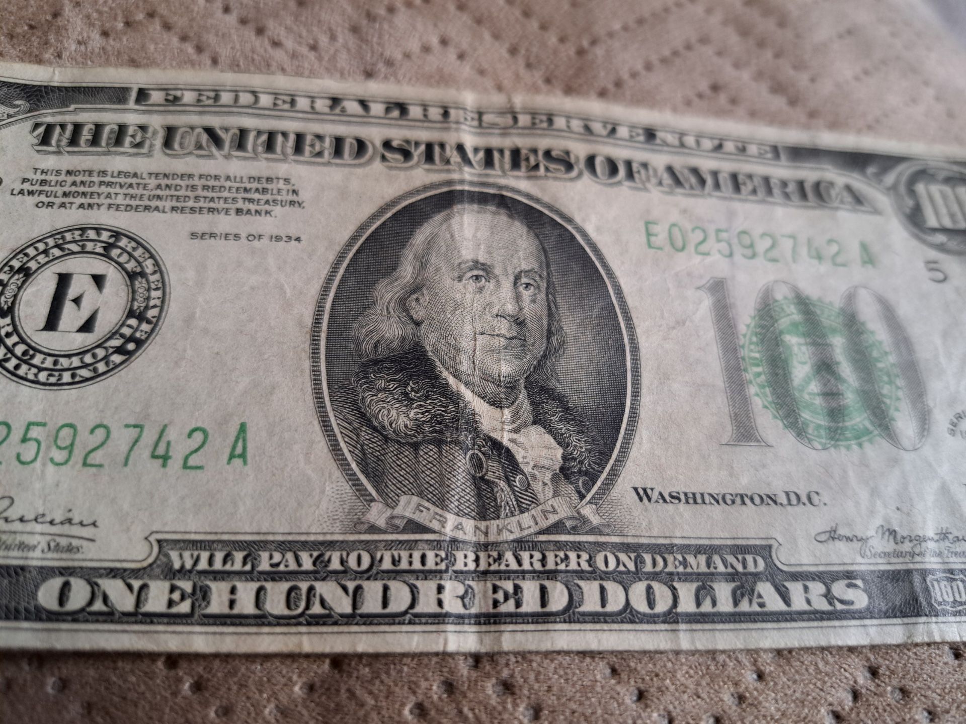 Taking offers on this 1934 One Hundred Dollar Federal Reserve Note with light green seal. It is circulated no rips or writing. I will sell it to the