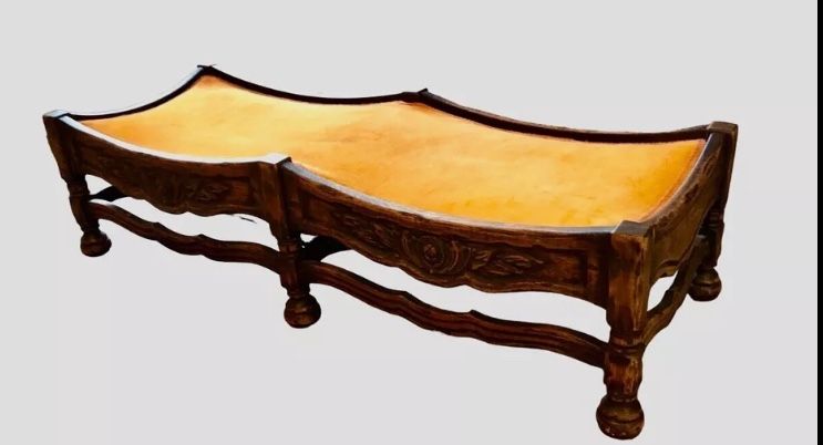 Antique Hand Carved Hardwood Upholstered Window Seat French Oak Low Bench Table