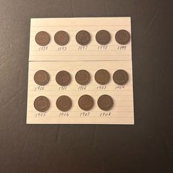 Coins – Indian Pennies- over a century old 1888, 1893, 1897,1898, 1899 and 1900 thru 1908 - Total 14 Coins