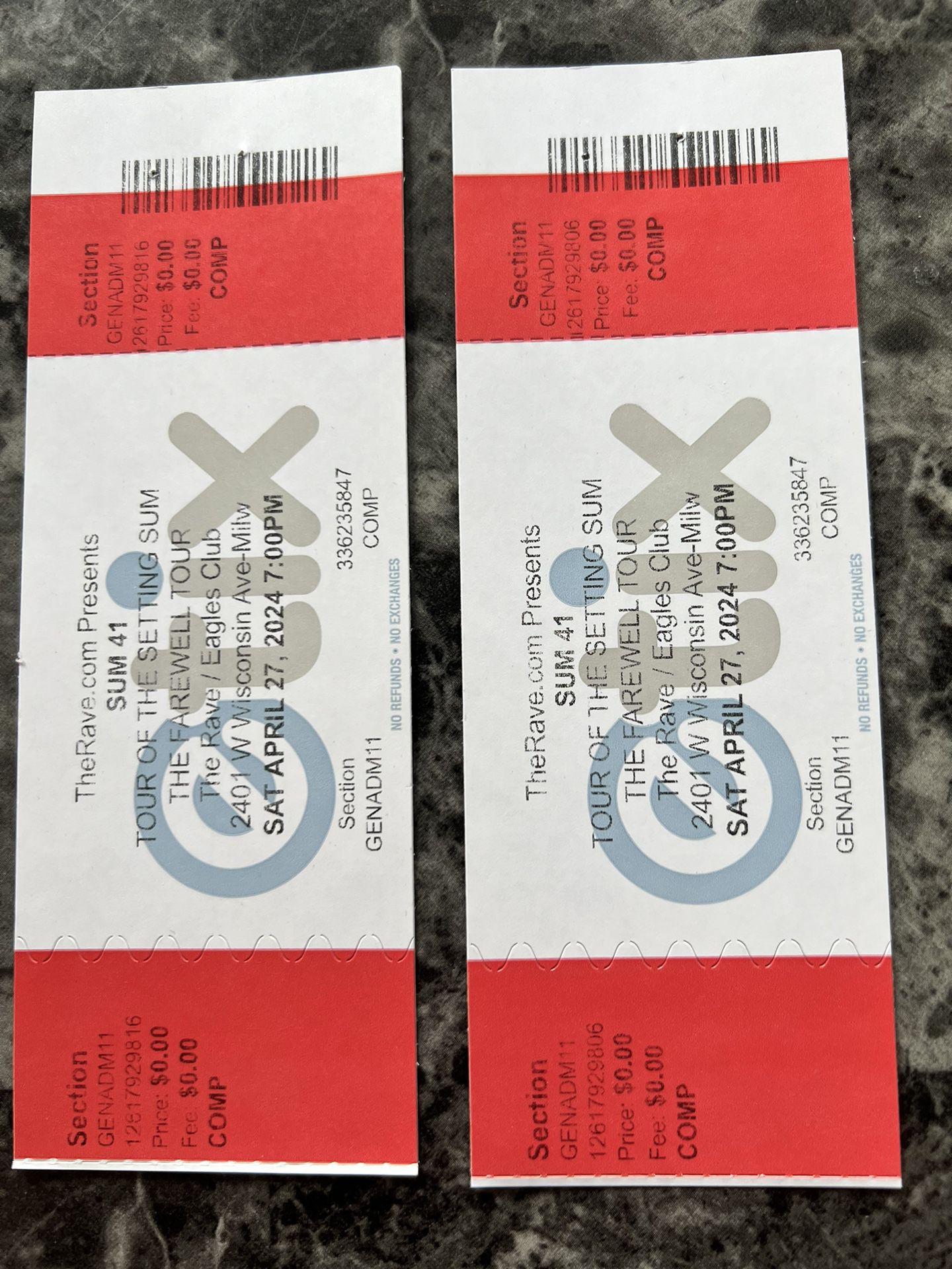 Sum 41 Pair of Tickets $50 Each OBO