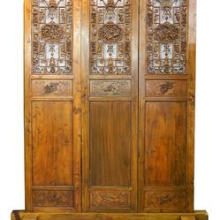 Antique Chinese Three-Panel Carved Wood Screen
