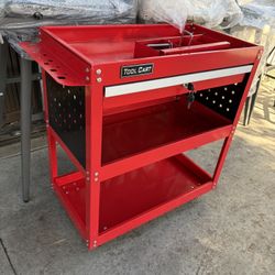 3 Tier Rolling Tool Cart with Drawers, Tool Cart on Wheels with Sliding Top for Garage, Warehouse & Repair Shop, Red