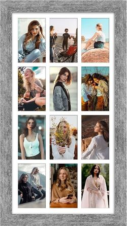 13 x 25 inch photo frame, 12 openings of 4 x 6 inch photos, multi-photo collage with mat, plexiglass, wall-mounted decoration, gray wood grain Wide-pr