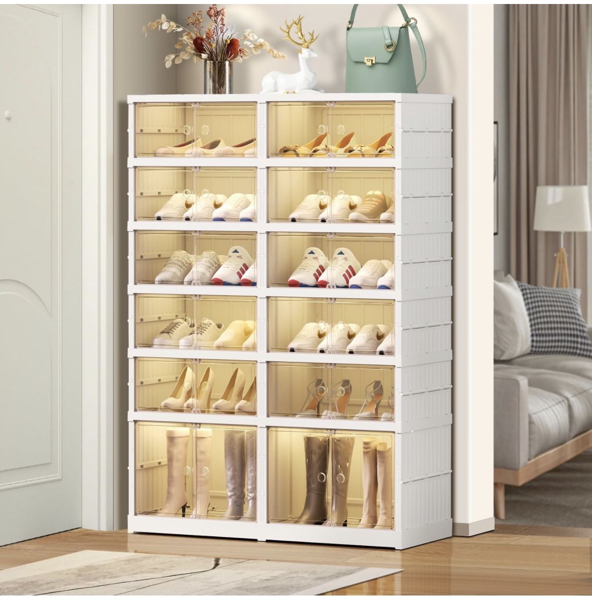 6 Tier Foldable Shoe Rack Organizer for Closet 12-24Pairs Plastic Collapsible Shoe Racks Shelf for front door entrance Stackable Clear Folding Shoes