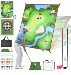 2-in-1 Golf Chipping Game Set – 4.5 x 6 FT Practice Mat with Clubs & Balls