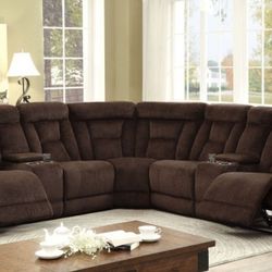 Brand New Plush Brown Chenille Reclining Sectional Sofa