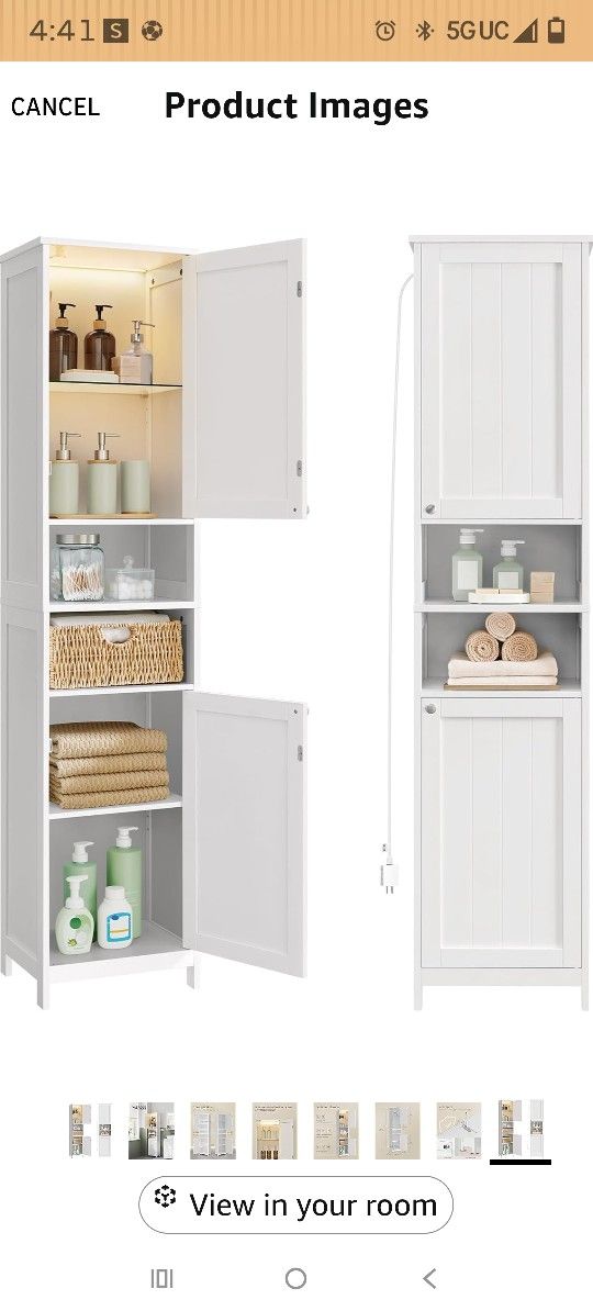Storage Cabinet with Lights, Slim Freestanding Cabinet with Adjustable Shelves, for Small Spaces, Bathroom, Living Room, Modern, 11.8 Inches Wide, Clo
