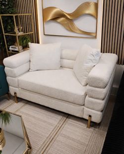 Luxurious 2-pc sofa set loveseat & Sofa white boucle fabric material with gold metal plated legs