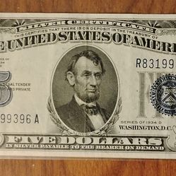 USA America vintage 1934 Blue Seal Silver certificate $5  five Dollars bill banknote currency
