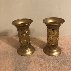 Partylite Gold Mosaic Column Candle Holder Pair 9”