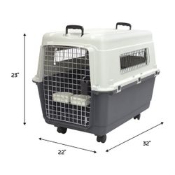SportPet Designs Plastic Kennels Rolling Plastic Wire Door Travel Dog Crate- Large Kennel, Gray