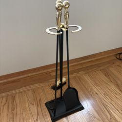 Mid-Century Modern Brass and Iron Fireplace Tool Set 3 Piece w/ stand