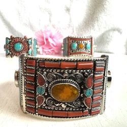 Vintage and handmade Tibetan silver Bangle inlaid with Coral and Turquoise handmade 122grams