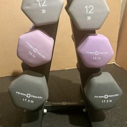 Cast Iron Neoprene Coat ...Set of Dumbbells with Rack; pairs of  12s, 15s and 17.5 lbs.