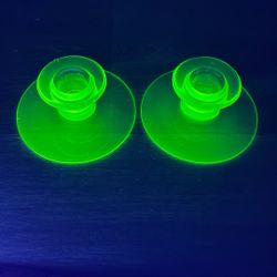 Set of 2 Vintage Green Uranium Vaseline Glass Candlestick Candle Holders