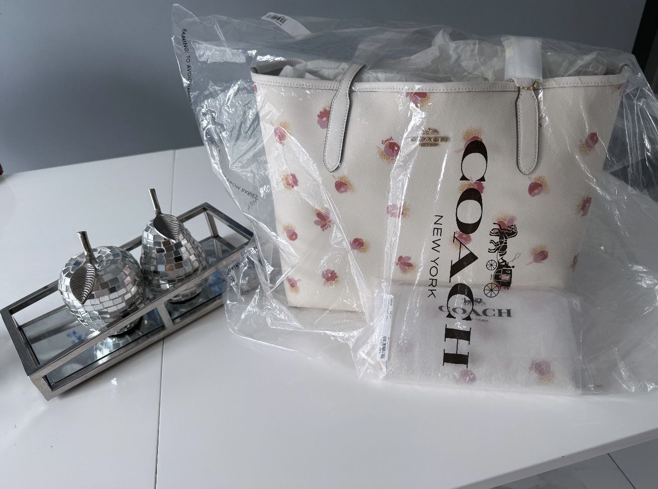 Coach White and Pink Floral tote Bag