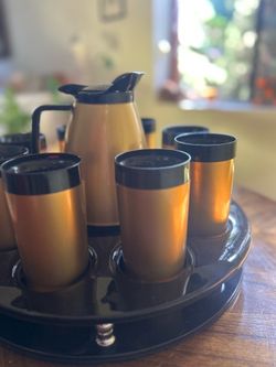 Vintage Thermal Coffee Server Set with 6 Cups & Serving Tray