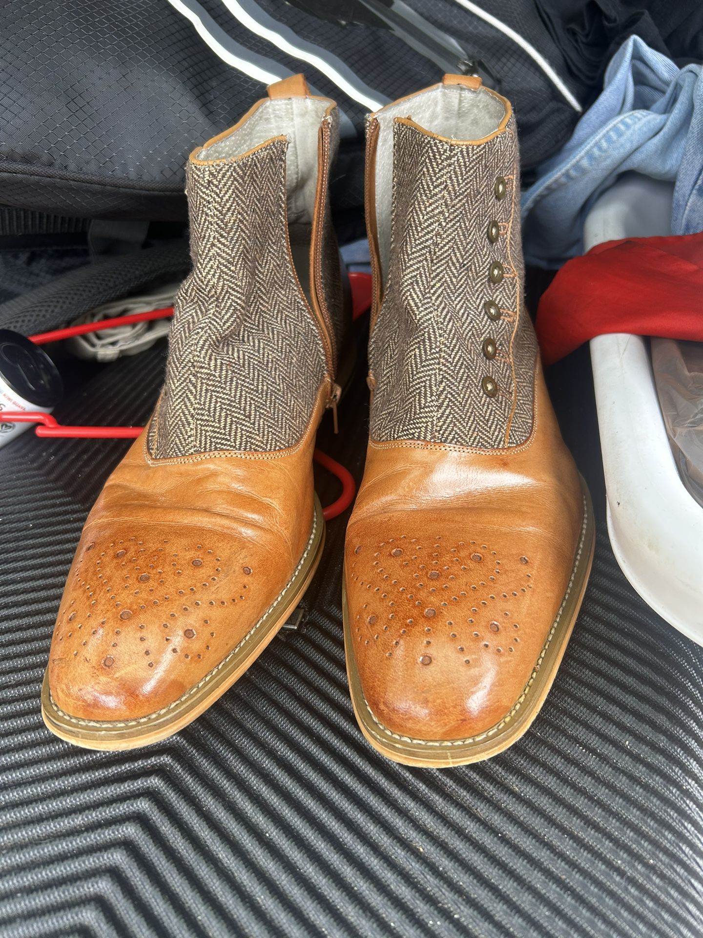  Giovanni "Edison" Light Cognac / Brown Spat-Style Leather / Fabric Boots With Buttons size