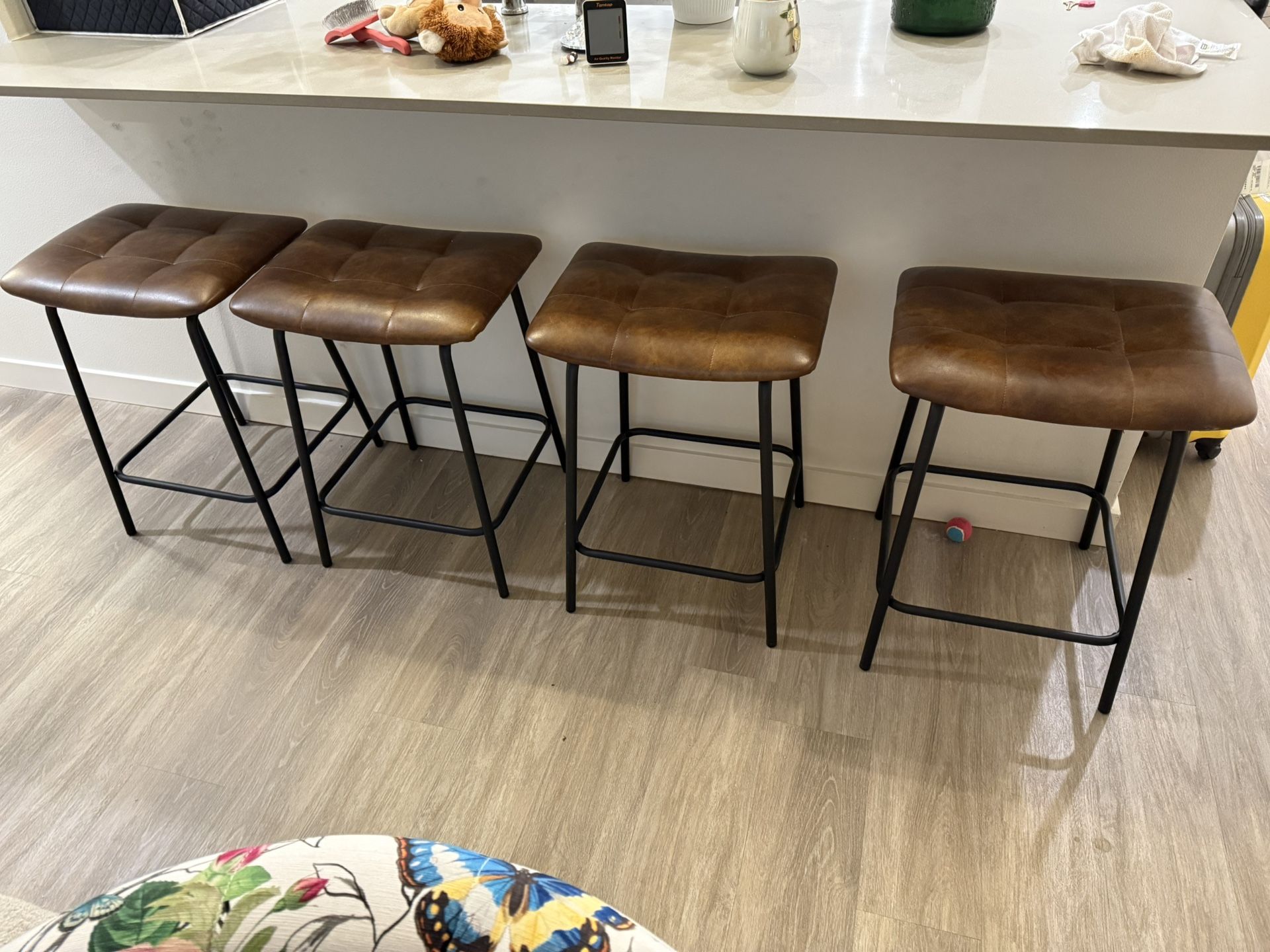 Set of 4 Brown Leather Counter Stools
