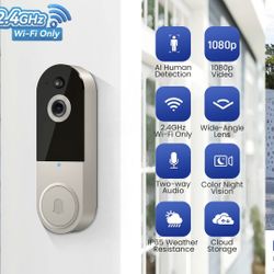 Wireless 1080p Video Doorbell Camera, Al Human Detection, Live View, 2-Way Audio Included Chime