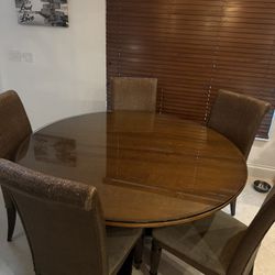 Ethan Allen 60” Round Solid Wood Dining Table w/ Custom Glass Top + Chairs if wanted