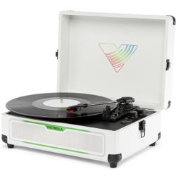 Victrola Journey Glow – Illuminated Suitcase Record Player – 18 RGB Light Effects, Stereo Speakers with Enhanced Bass, Bluetooth Streaming, (White)   