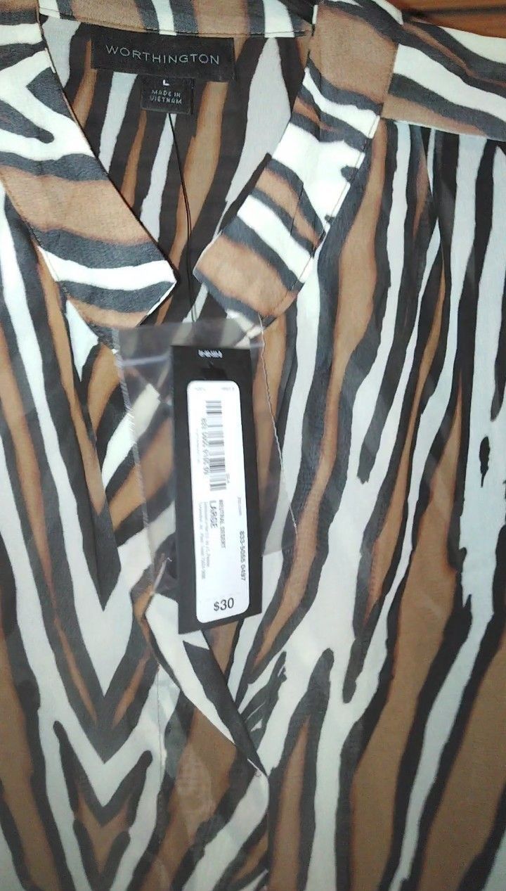 NWT Worthington sleeveless blouse and skirt set, Brown/Black/White, Large