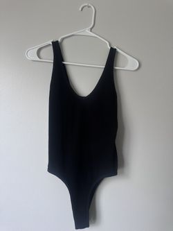 Aura Black Ribbed One‑Piece Bodysuit – One Size