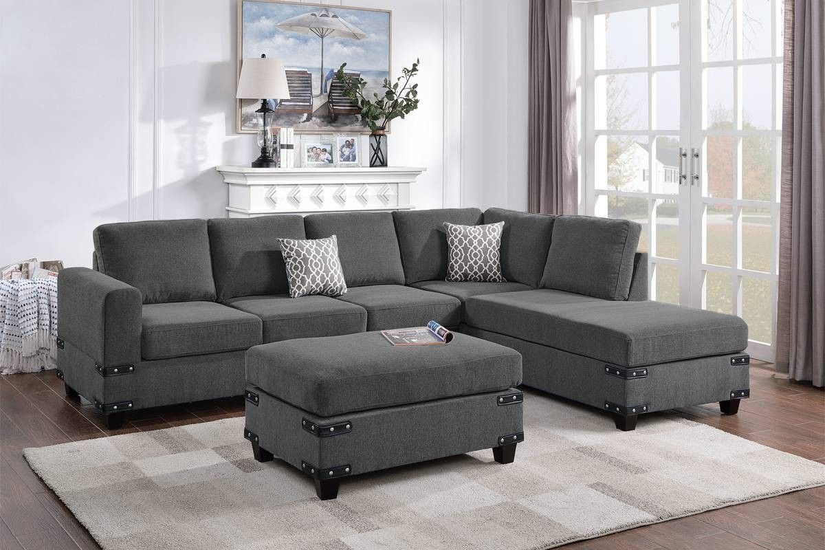 Brand New 3pc Charcoal Reversible Sectional Sofa With Ottoman