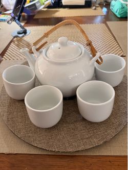 Pier One white ceramic china set teapot and four cups