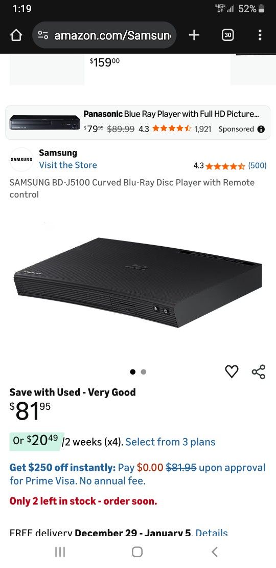 Samsung BD-J5100 Blue Ray Player With Apps
