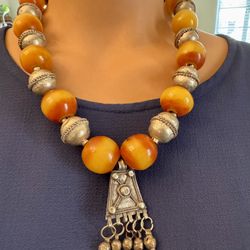Berber Necklace African Ethnic Tribal Necklace Boho African Silver 21” Amber