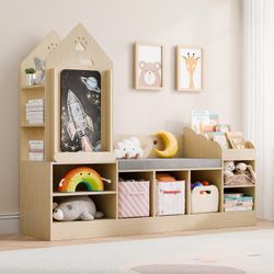 MU Kids Bookshelf with Reading Nook, Wooden Toy Storage Organizer with Chalkboard and Bench, Kids