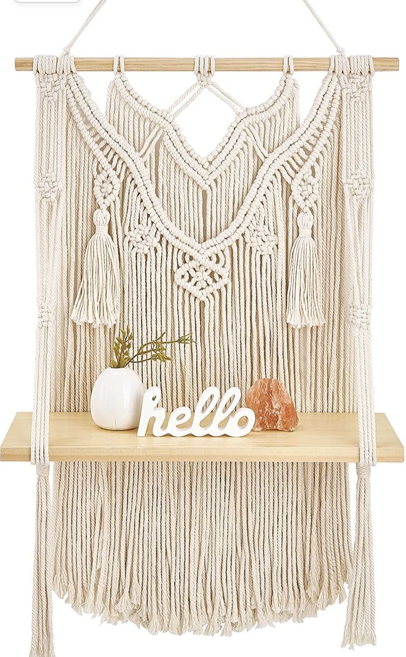 Macrame Wall Hanging Shelf Boho Decor Wood Floating Shelf for Bedroom Living Room Nursery Bathroom, Handmade Woven Rope Storage Rack for Photo Frames
