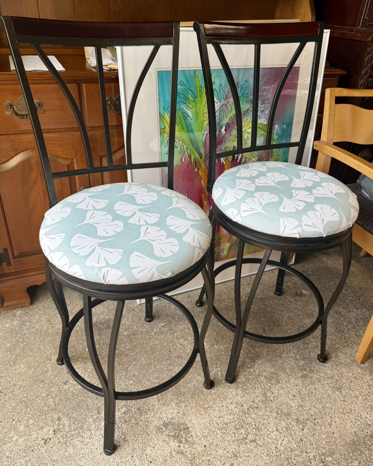 Pair of Metal and Wood Swivel Bar Stools