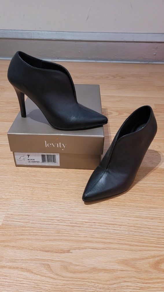 Levity Black Pointed Toe Bootie Heels