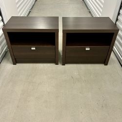 Two Wood Nightstands with Open Shelf and Drawer