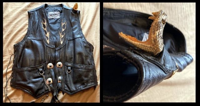 Vtg. Leather Biker Vest XL Real 3D Snake Head Taxidermy Rattlesnake Conchos