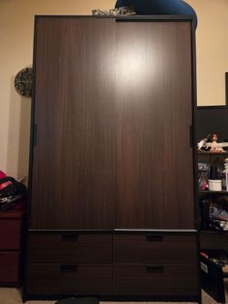 Dark Brown Wardrobe with Sliding Doors and Drawers