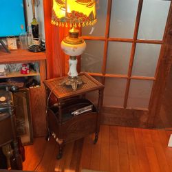 All Vintage Porcelain /brass Lamp With Vintage Canvas Lamp Shade And Newspaper  Antique Travel W Brass Accent Counter Top Mesh
