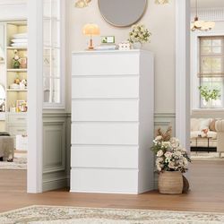 White Dresser, 6 Drawer Dresser with Handleless Drawer Cabinet Modern Tall Floor