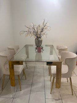 Gold & Acrylic Glass Dining Table Set + Matching Side & Coffee Tables