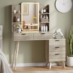 Small Makeup Vanity Desk with Mirror and Lights, 42" Modern White Dressing Table for Small Spaces, Compact Vanity with 5 Drawers & Power Strip, Solid 