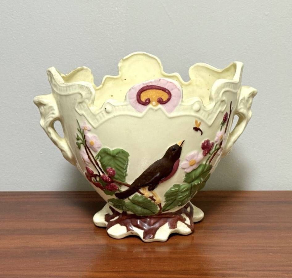 Vtg Embossed Porcelain Double Handled Barbotine Cachepot Planter Vase