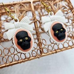 Gothic Lolita Pink Black Skull Cameo Earrings, White Bow, Spooky, Horror, Gothic, Halloween