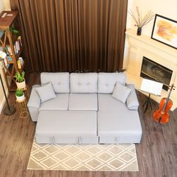 97" x 59" 3-Seats Sleeper Sectional Sofa Bed W/ Chaise Storage, Pull Out Sleeper