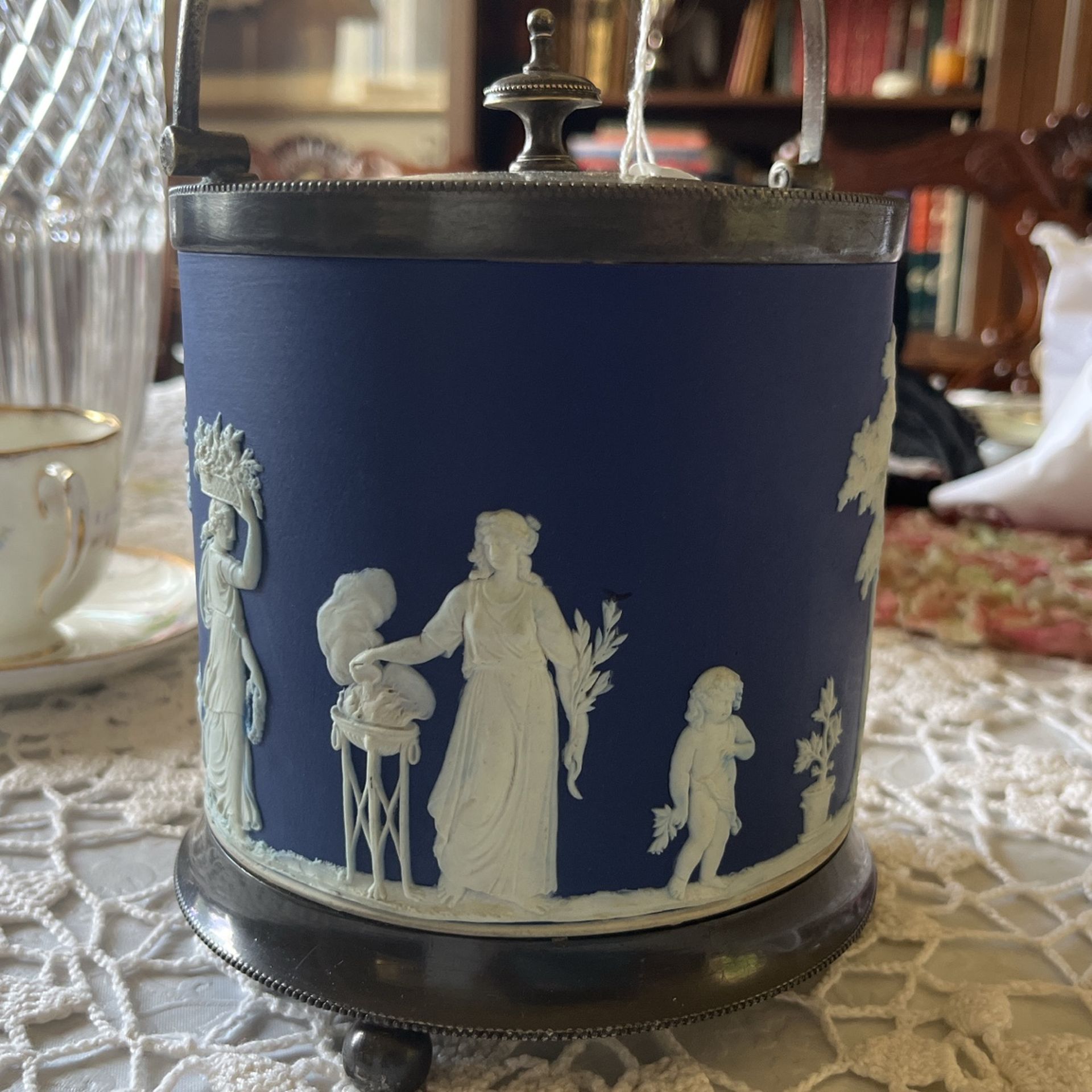 Antique Wedgwood Blue Jasperware biscuit tin attention Michael